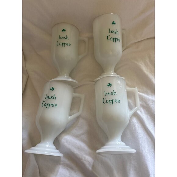 Vintage Milk Glass Irish Coffee Mugs With Green Script & Shamrock Design - Set O - Picture 1 of 8
